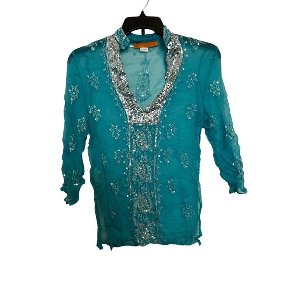 Sweet By Miss Me Womens Top Size S Embroidered Sequin Detail 100% Silk Turquoise - Picture 1 of 5